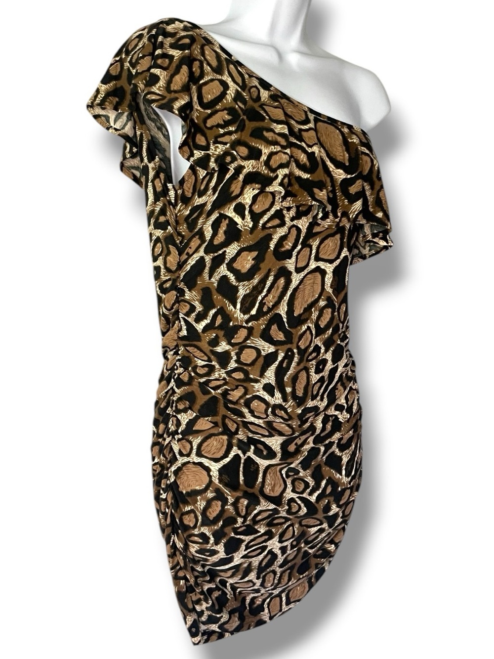 One-Shoulder Leopard Print Ruffle Dress in Brown - Picture 6 of 8